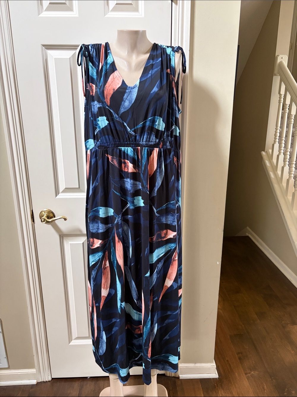 NWT IMAN Navy Maxi Dress with Coral and Teal Leaf Print, 2XP